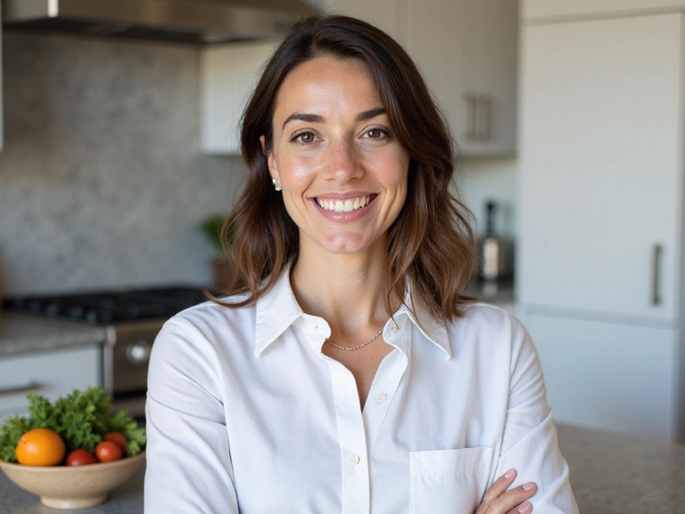 A professional, friendly portrait of a nutritionist in a clean, modern setting, possibly with some healthy food items in the background.