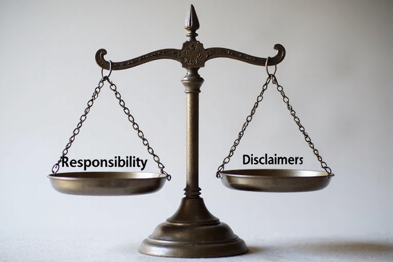 A balanced scale with 'Responsibility' on one side and 'Disclaimer' on the other, representing legal balance.