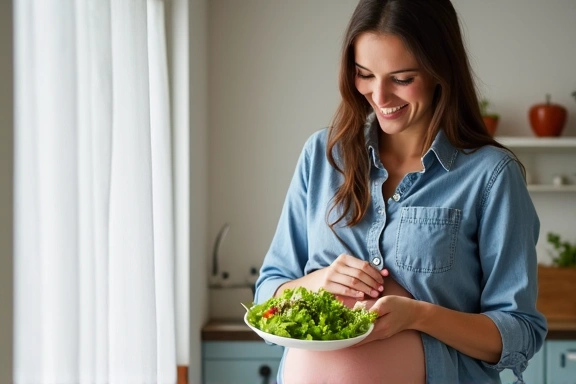 Szczęśliwa kobieta w ciąży jedząca zdrową sałatkę, symbolizująca konsultacje żywieniowe dla przyszłych mam.